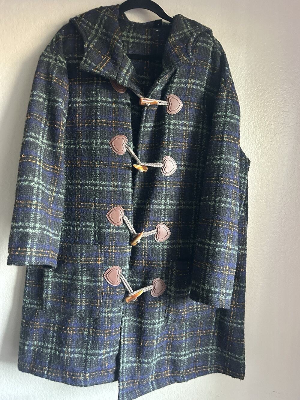SHEIN Curve Plaid Hooded Duffle Coat in size 1XL